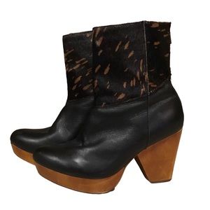 80%20 Black Leather Animal Hair Wood Heel Platform Booties